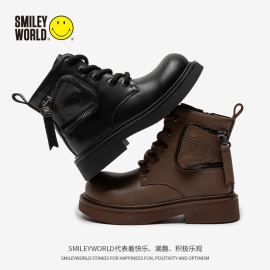 smileyworld笑脸春秋女童短靴儿童休闲马丁靴男童皮靴