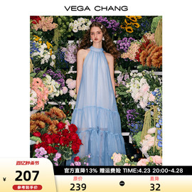 VEGA CHANG挂脖连衣裙女2024年夏季优雅气质显瘦A字拼接长裙