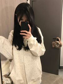 美式穿搭薄款卫衣女春秋oversize连帽棒球服拉链开衫碎花外套