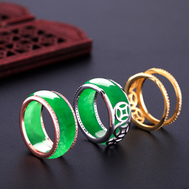 s925纯银镀金戒指空托镶嵌翡翠，玉石蜜蜡戒指环，套戒指环保护套银托