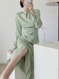srose翠微复古绿提花显白改良旗袍，新中式国风长袖连衣裙秋