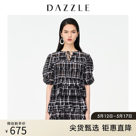 DAZZLE地素奥莱 夏季法式泡泡袖格纹连衣裙蛋糕裙女