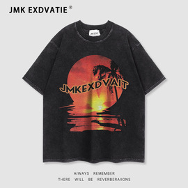 JMK EXDVATIE美式街头宽松潮牌水洗做旧短袖t恤日落印花男女同款