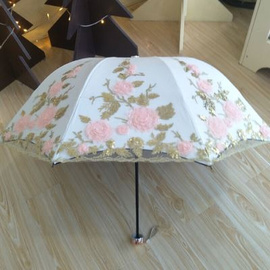 三折公主雨伞蕾丝花边太阳伞防晒防紫外线女士，刺绣双层黑胶遮阳伞