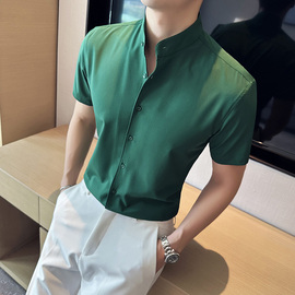 立领衬衫男士短袖夏季薄款高级感帅气圆领商务休闲垂感弹力衬衣潮