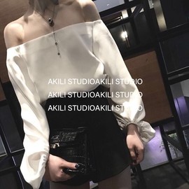  NINASTUDIO 夏季雪纺一字领衬衫女露肩白色泡泡袖上衣气质优