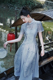 旗袍新中式复古改良民，国风女装中国风连衣裙，古法日常修身年轻款