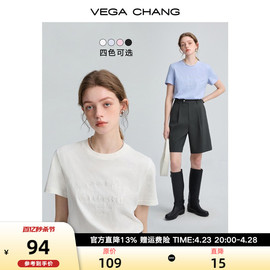 VEGA CHANG字母刺绣t恤女短袖2024春秋圆领时尚体恤衫上衣ins