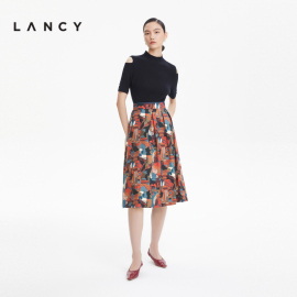 LANCY/朗姿秋冬印花高腰压褶半身裙法式优雅高级感a字裙子女