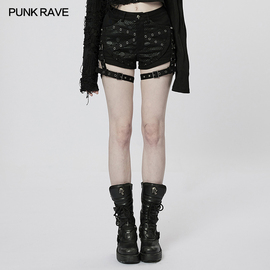 *小破亚文化PUNK RAVEpr朋克状态原创设计女装摇滚破洞网紧身短裤