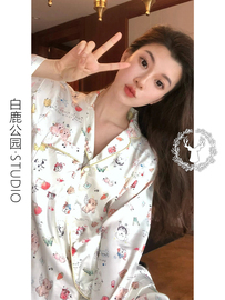 洋气少女甜美缎面冰丝睡衣女春秋款2024年卡通印花家居服大码套装