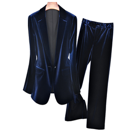 藏蓝色春装面试职业套装高级感洋气金丝绒气质，修身时尚通勤女西装
