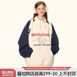 beetletown半拉链拼色插肩袖卫衣女春季polo领美式复古印花上衣