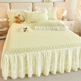 纯色A类夹棉床笠式床裙二合一体全包防滑套蕾丝花边床罩四季通用