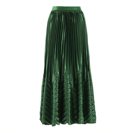 波纹褶皱半身裙女松紧腰显瘦轻奢光泽感缎面压褶墨绿色百褶裙