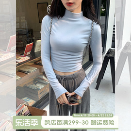 宋正恩蓝色德绒半高领打底衫女春季内搭保暖加厚加绒短款上衣