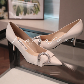 fanfanfant高级手工羊皮c扣钻高跟鞋6.5cm尖头舒适白色工作鞋