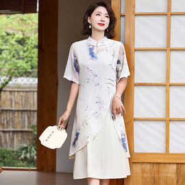 新中式改良旗袍连衣裙女夏季优雅气质复古中国风，短袖假两件中长裙