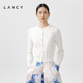 LANCY/朗姿2024春季白色简约温柔提花针织开衫女短款高级优雅