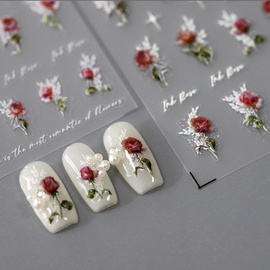 美甲立体浮雕款百搭复古红玫瑰花朵芒星英文3D蔷薇指甲贴纸装饰品