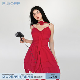 FUNOFF 夏日热恋#红色飘带立体玫瑰收腰吊带连衣裙不规则蛋糕短裙