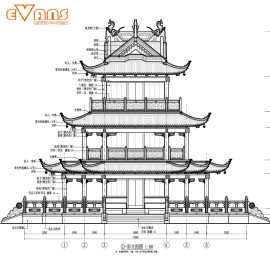 望江阁建筑施工图cad电子版，中式仿古斗拱三重檐，歇山顶混凝土结构