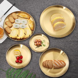 创意金色不锈钢圆盘子韩式烤肉盘托盘茶盘蛋糕甜品盘收纳平盘摆拍
