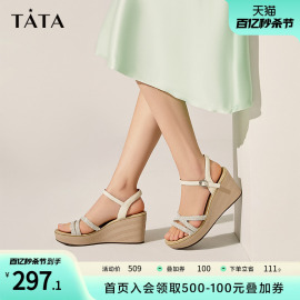 tata他她厚底松糕坡跟，凉鞋女配小裙子，增高凉鞋2023夏wdl01bl3