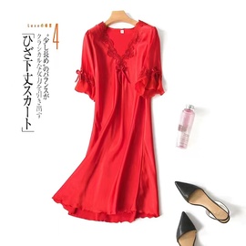 睡衣女红色夏季冰丝性感真丝，本命年短袖蕾丝，v领大码宽松结婚睡裙