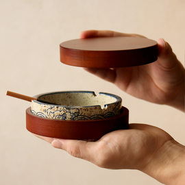 日式烟灰缸家用陶瓷复古防飞灰有带盖办公室烟缸个性防风时尚创意