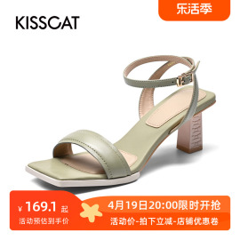 kisscat接吻猫夏季羊皮，方头高跟都市休闲时尚，凉鞋女ka21310-10