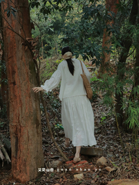棉麻少女褶皱法式复古长袖衬衫，荷叶边森系，田园风白色双层半裙提花