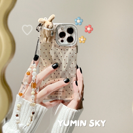 YUMIN SKY·适用棕色波点毛绒兔子iPhone14promax苹果15Pro手机壳12立体11手链plus男女款13Promax防摔保护套