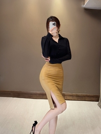思瑞 冷艳御姐 原创设计黑色假两件微透衬衫性感+黄色修身中长裙
