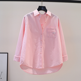 粉红色单口袋(单口袋)棉衬衫，女长袖宽松休闲衬衣，2023秋文艺范百搭打底上衣
