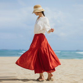 绽放旅行女装317朵/番茄红高支皱纹亚麻原创设计感旅游穿搭半身裙