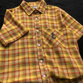 美式复古日系黄格子衬衫男短袖休闲衬衣夏季多巴胺黄色格纹外套