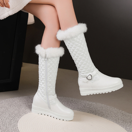 女童靴子长筒靴2024冬季加绒棉靴公主皮靴高筒靴白色儿童鞋雪地靴