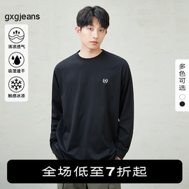 速干gxgjeans男装 黑色打底衫刺绣圆领套头长袖T恤男秋季