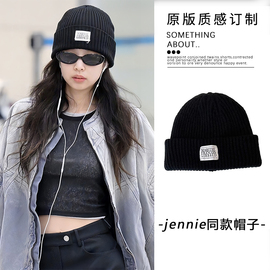 jennie金智妮同款黑色针织帽子字母毛线帽大头围秋冬保暖时尚冷帽