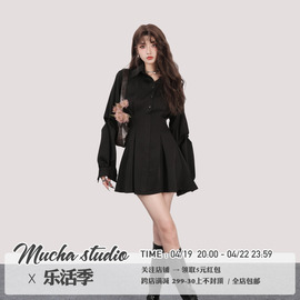 MUCHA 版型小心机 赫本风高腰长袖收腰连衣裙修身裙子短裙女春秋