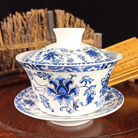 盖碗茶杯茶碗大号茶具，景德镇青花瓷泡茶碗陶瓷，白瓷三才碗手抓壶