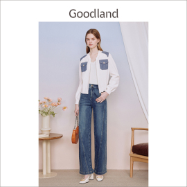 goodland美地女装，2023春秋慵懒风牛仔贴袋针织，开衫休闲外套