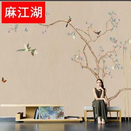 新中式手绘工笔花鸟电视背景墙纸8D沙发卧室床头壁布无缝高端壁画