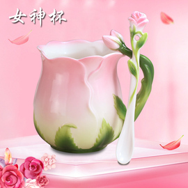 少女心杯子创意花朵陶瓷杯骨瓷，咖啡杯可爱粉花茶杯玫瑰英式马克杯
