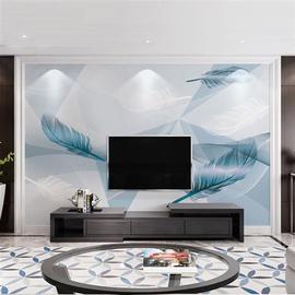 电视背景墙壁纸h北欧2022家装客厅影视墙布蓝色羽毛壁布8d沙发