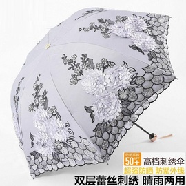 太阳伞防晒防紫外线公主刺绣，蕾丝三折黑胶遮阳伞女折叠晴雨伞