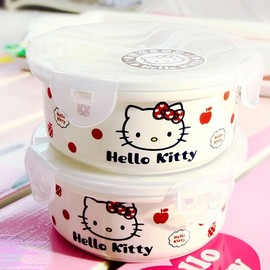 韩国进口Hello Kitty陶瓷带盖碗饭盒便当盒保鲜盒卡扣密封碗小号