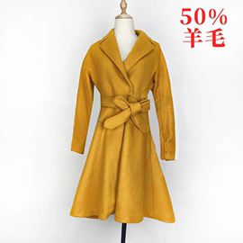 黄色大西装领中长款毛呢大衣，收腰系带a字时尚气质羊毛大衣长外套