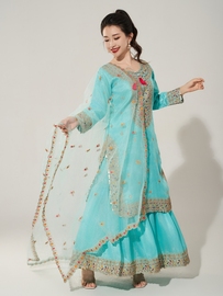 印度民族风3件套绣花圆领，旁遮比套装，异域风印度舞服重工孔雀蓝